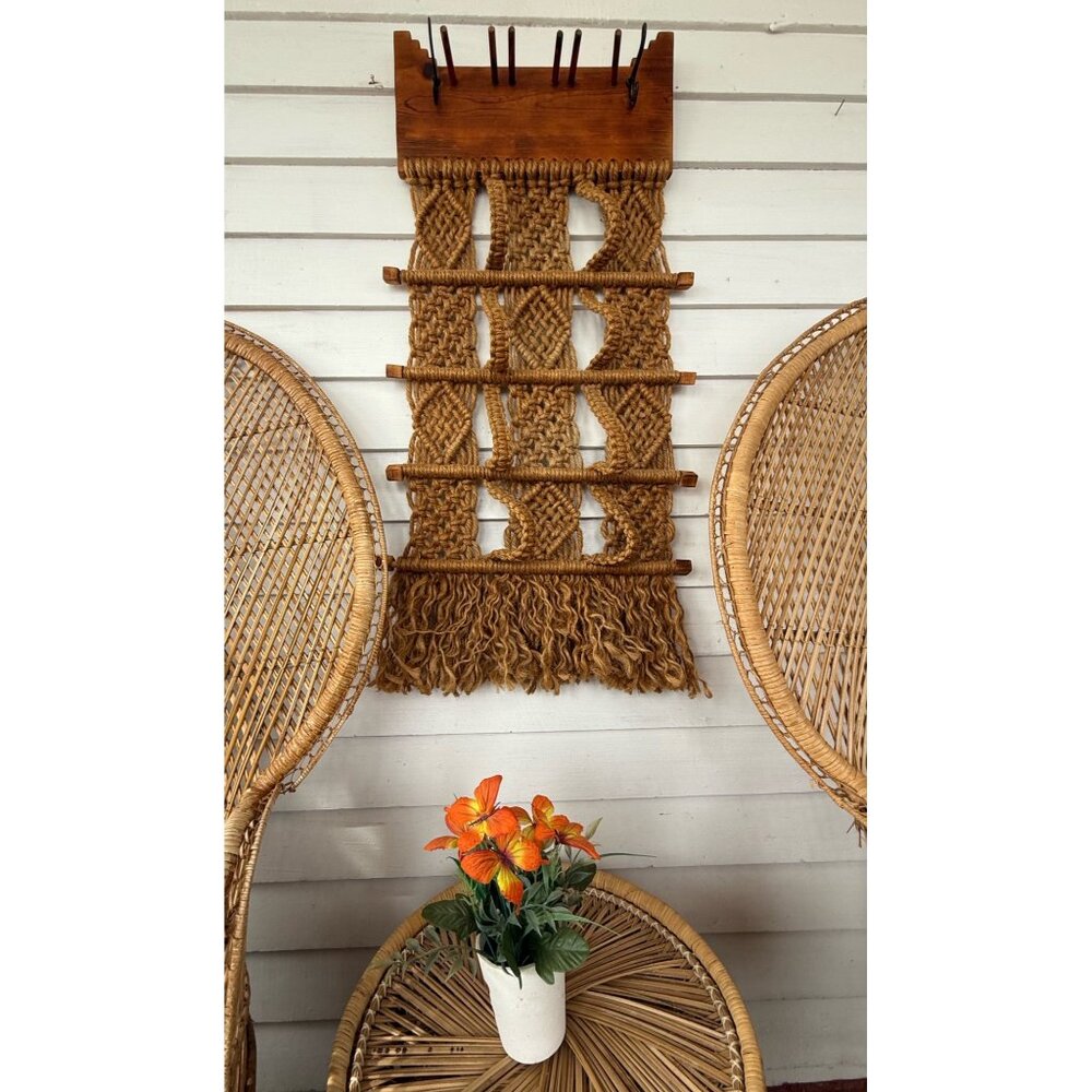 Vintage 1970s Boho Wood Jute Macarame' Wall Hanging With Hooks